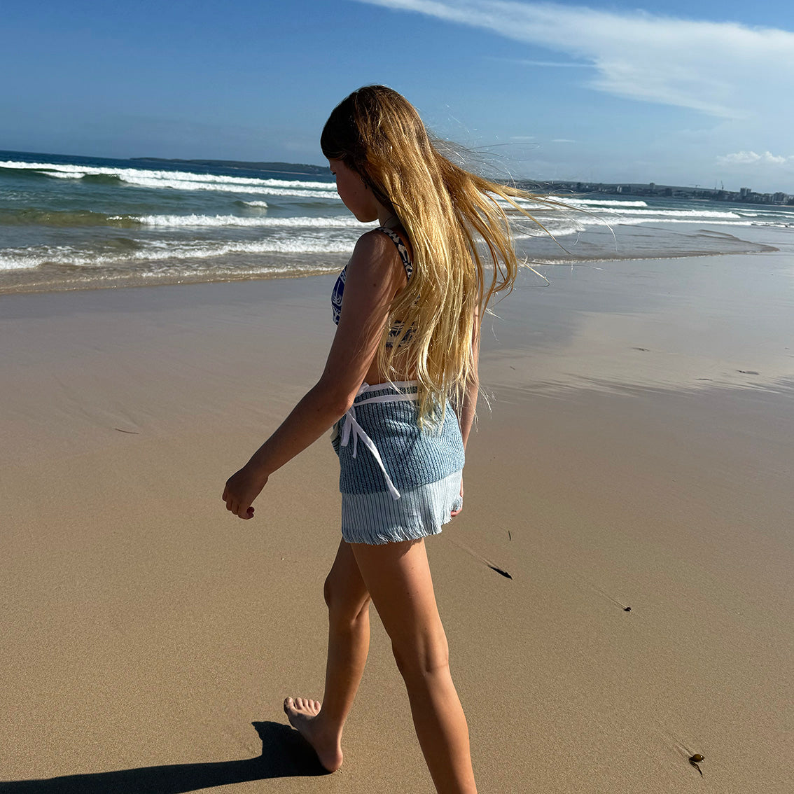 Kids - Blue Retro Striped Tassel Towel Wrap Skirt